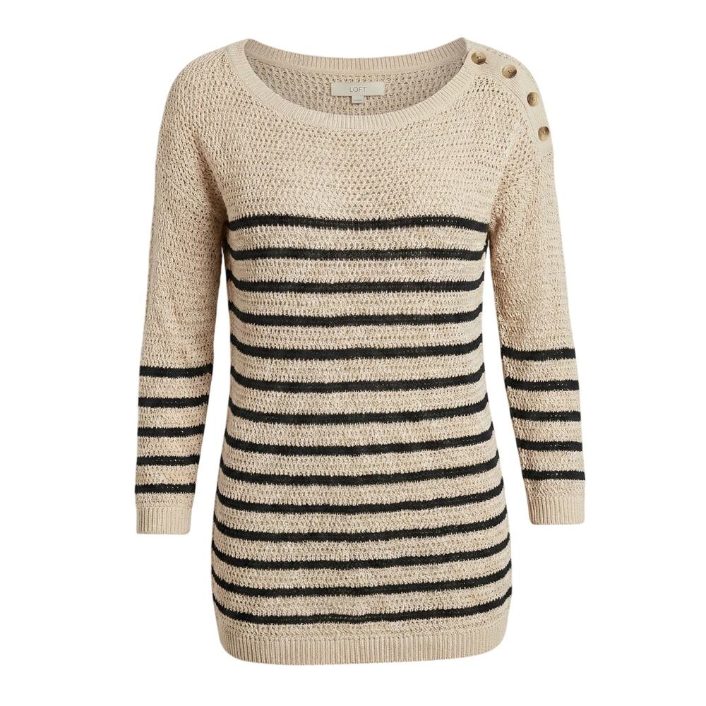 LOFT Womens M Linen Blend Striped Open Knit Button Shoulder Boat Neck Sweater